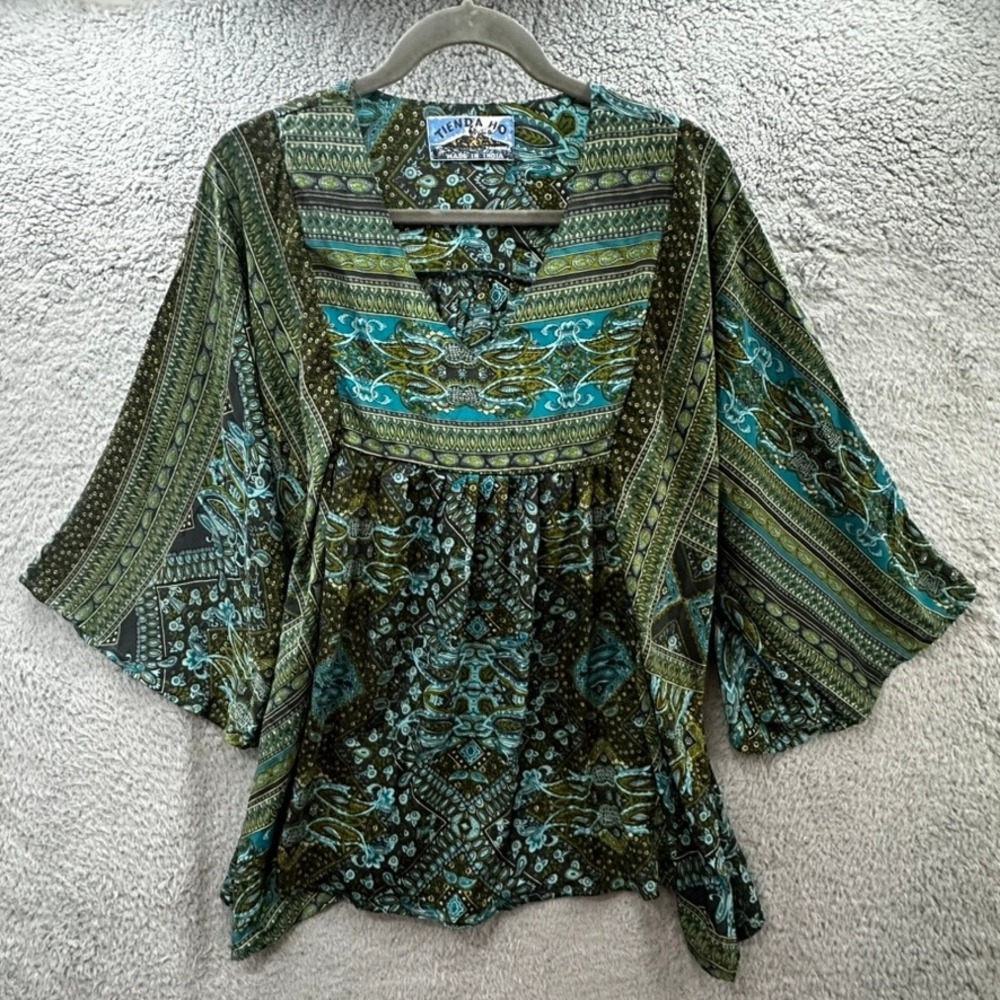 Tienda Ho Women's OS Tambora Blouse Green Teal Paisley Kimono Sleeve Top Flowy